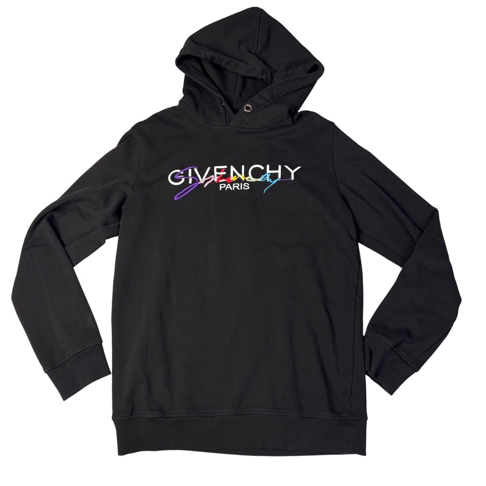Givenchy Paris Black Hoodie Rainbow‎ Logo Pullover Size XL
